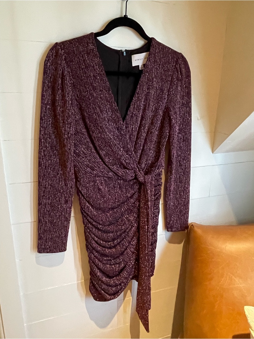 Adelyn Rae Plum Metallic Ruched Wrap Long-Sleeve Dress